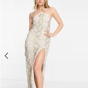 ASOS DESIGN embellished crochet halter maxi dress in stone- SIZE 4-